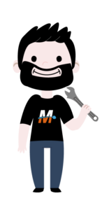 Image d'un petit personnage animé plombier qui tient une clé à molette et qui à le logo de la sarl marquant sur sont tee-shirt noir.