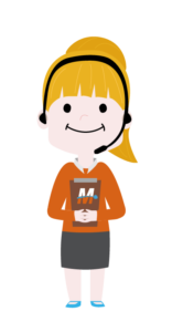 Image d'un petit personnage féminin animé qui tient un calepin avec le logo de la sarl marquant.