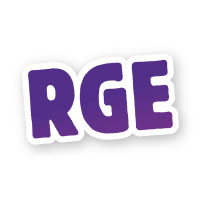 logo du RGE (Reconnu Garant de l'Environnement) rge en majuscule écrit en bleu.