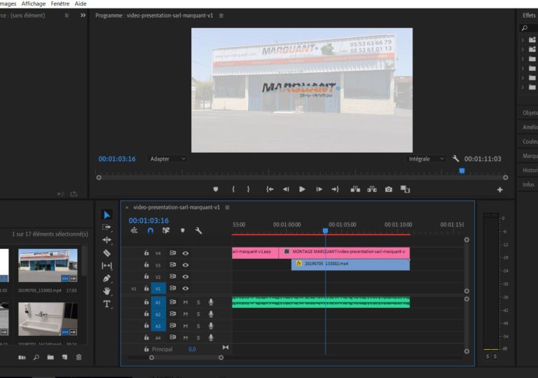 Image du programme premiere pro sur le projet de vidéo de présentation de la SARL MARQUANT.